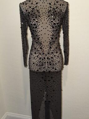Sheer Black Long-Sleeve Embellished Evening Gown